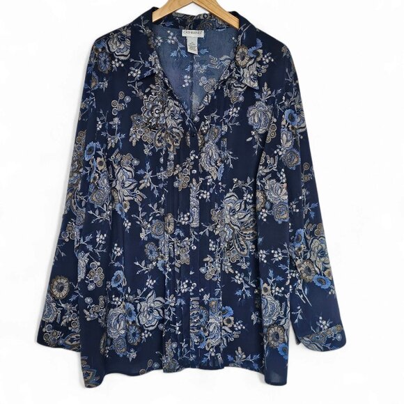 Catherines Button Up Top Size 3X 26/28W Navy Blue Dark Floral Pin Tuck Pleats - Picture 1 of 11